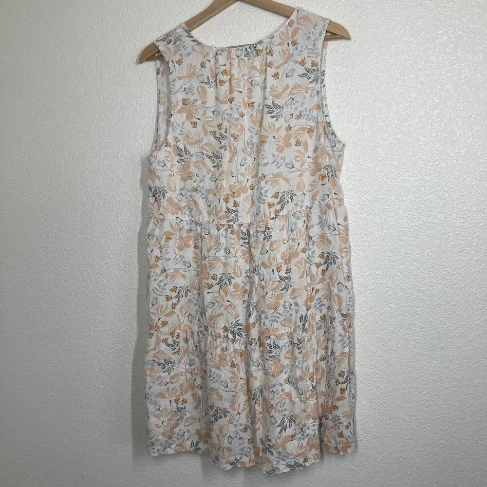 Sun Dress Linen Dress Joie Floral Large 100% Linen Sleeveless Tiered Summer